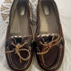 Sperry Top Slider Size 9 Brown leather and plaid cloth  tie women shoe